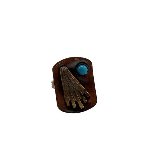Vintage Artisan Copper Brass Adjustable Ring Turquoise Glass Cab Modernist - Picture 1 of 7